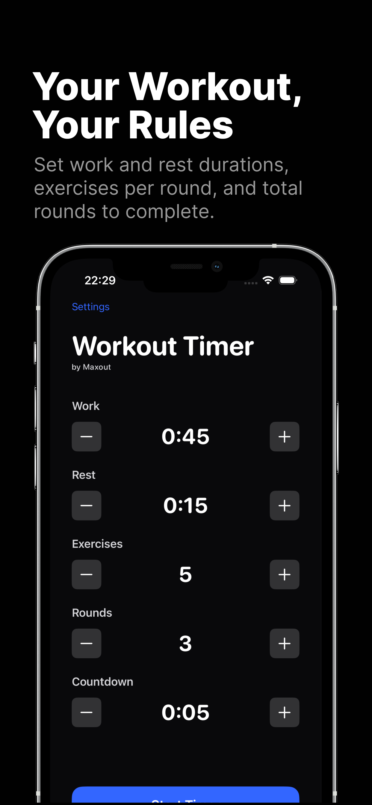 Workout Timer - Setup screen