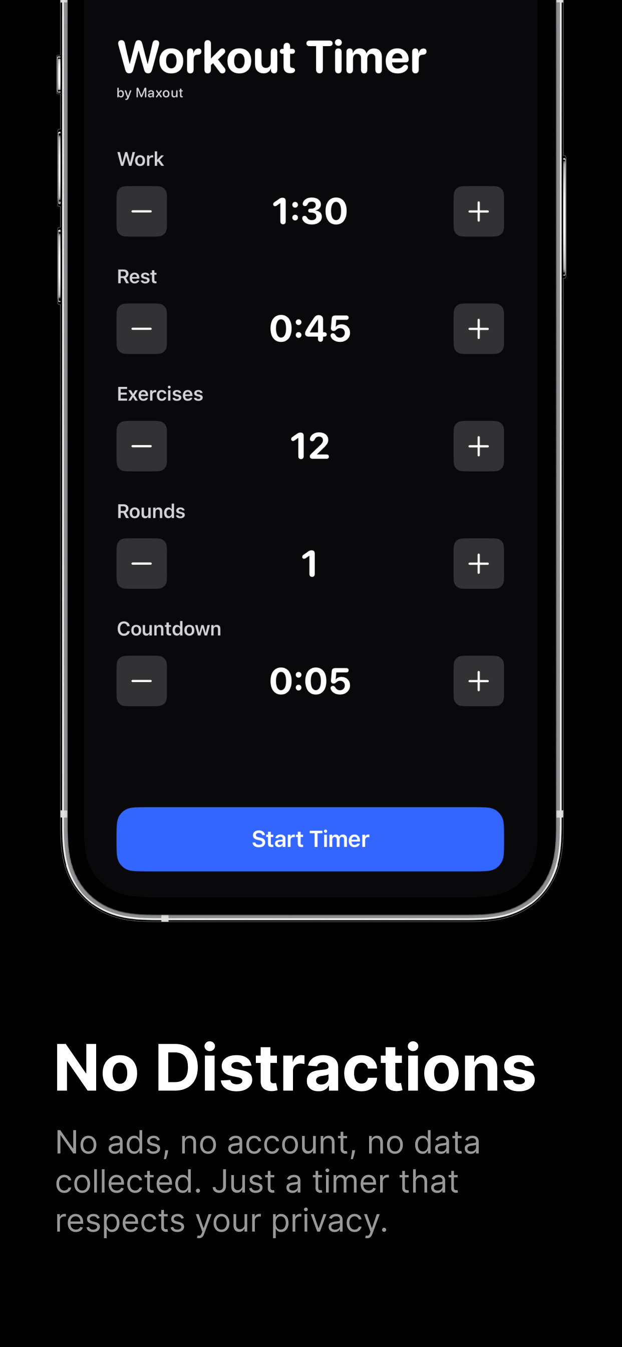 Workout Timer - Settings screen